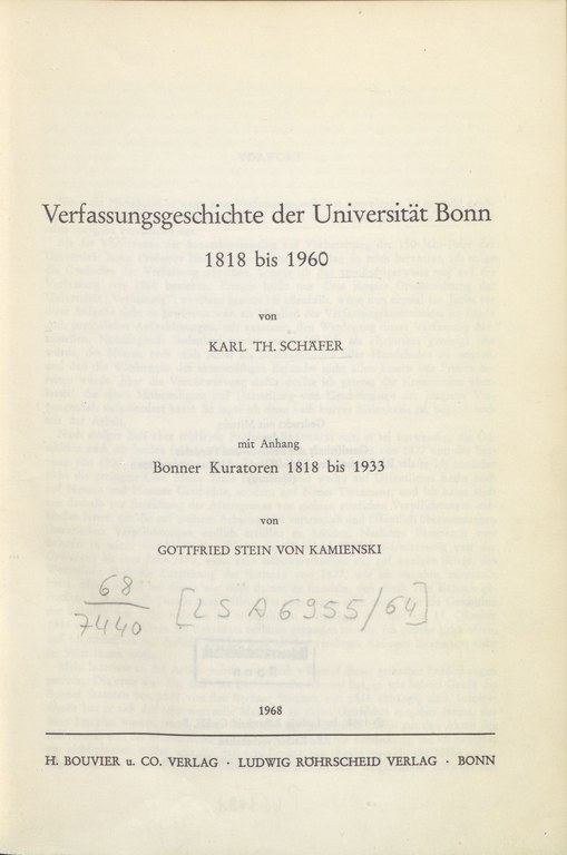 Titelseite: Verfassungsgeschichte der Universität Bonn 1818 bis 1960